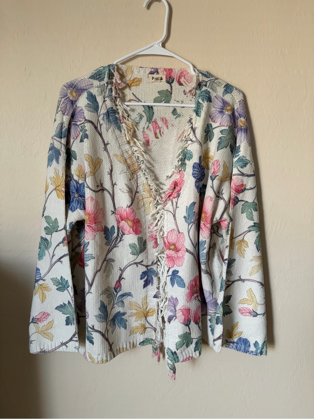 POL Floral Fringe Open-Front Cardigan - Cream with Pink, Blue & Purple